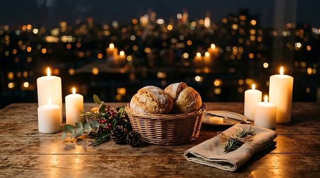 Artisan Crusty Bread in Wicker Basket on Wooden Table with Burning Candles and City Bokeh Background