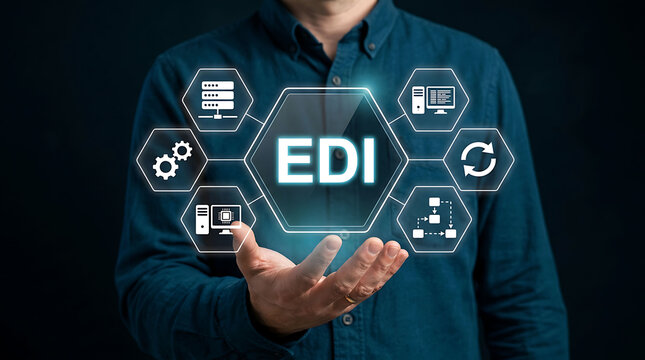 Businessman holding a glowing digital EDI interface with technology icons