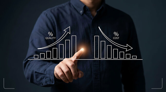 Businessman touching quality up and cost down growth charts business concept