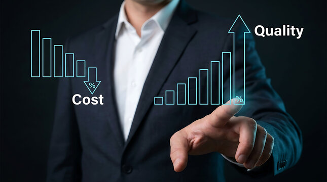 Businessman interacting with digital growth chart showing quality and cost