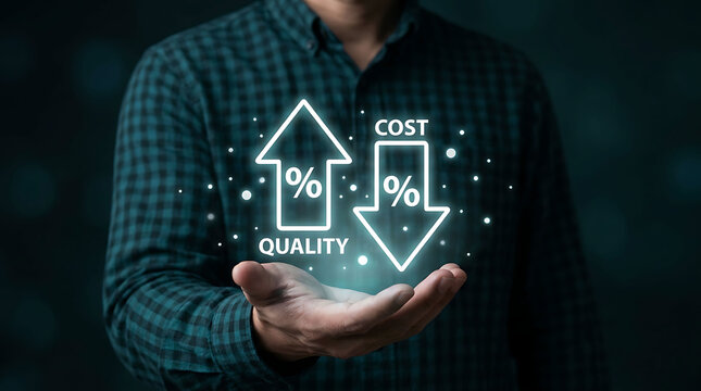 Businessman holding digital concept graphic of increasing quality and lower cost