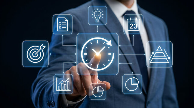 Businessman touching clock icon with digital interface business strategy icons