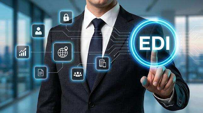 Businessman pressing digital EDI button on futuristic interface screen in office