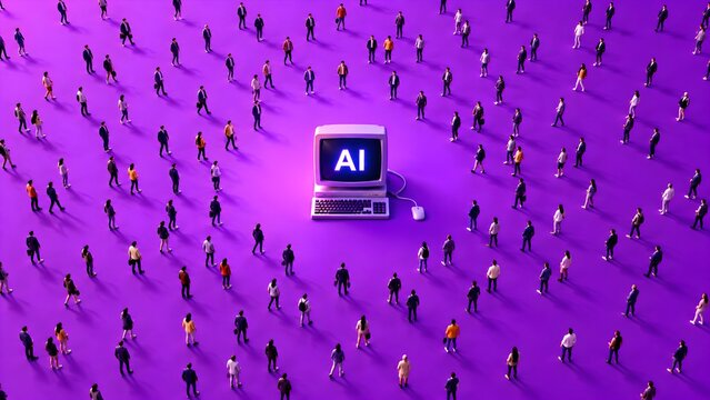 AI computer surrounded by a massive crowd of people representing artificial intelligence technology, human interaction, and digital era concept