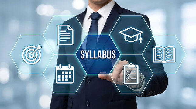 Businessman touching syllabus hologram button for educational planning concept