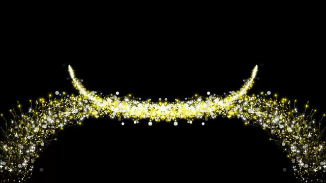 Golden glitter light tail animation, sparkling comet trace with glare effect, magical stardust particles, twinkling stars and shimmering fairy dust trail on black background. 4k