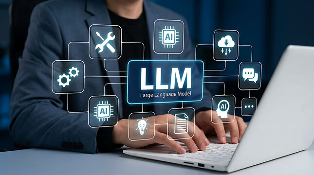 Professional working with artificial intelligence large language models on laptop