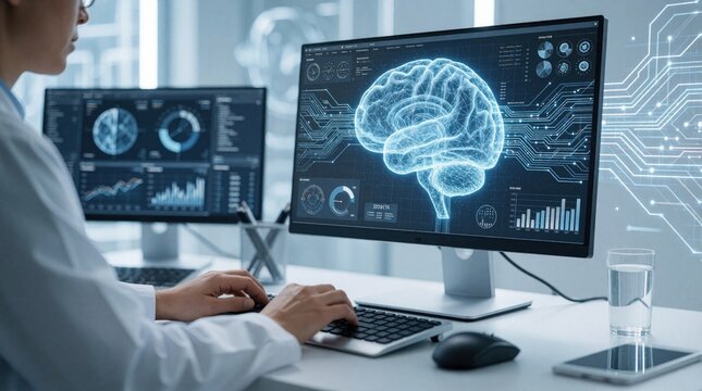 Scientist works on computer with digital brain scan on screen. Medical researcher analyzes neural data, brain function in high tech lab. Pro doctor uses advanced biotech software for neurology study,