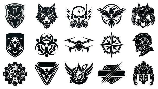 Set of black and white tactical military patches and emblem icons for badges and gaming logos