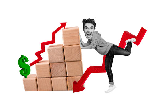 Composite photo collage of angry man push chart cubes arrow down dollar inflation bankrupt problem fall isolated on painted background