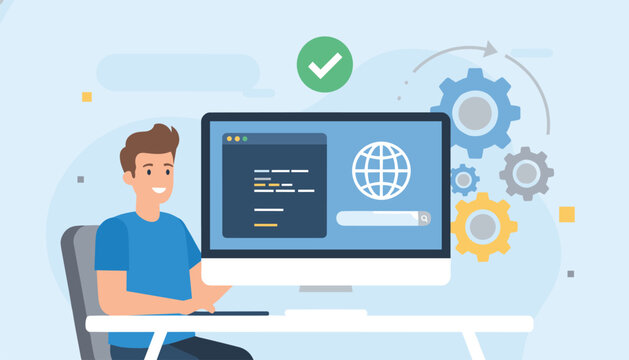 Web developer working on code in front of a computer monitor with gears and a checkmark indicating successful programming.
