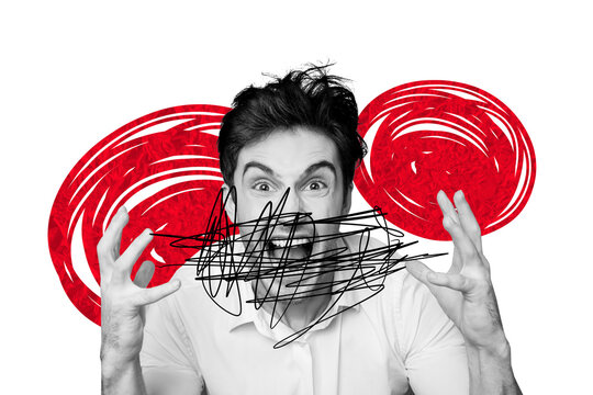Composite photo collage of stressed businessman scream workload doddle mess mental trauma exhaustion isolated on painted background