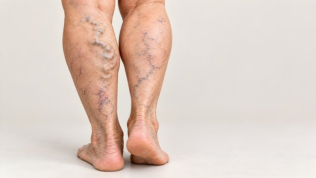 Senior person legs showing varicose veins and spider veins medical condition closeup health concern issue background copy space