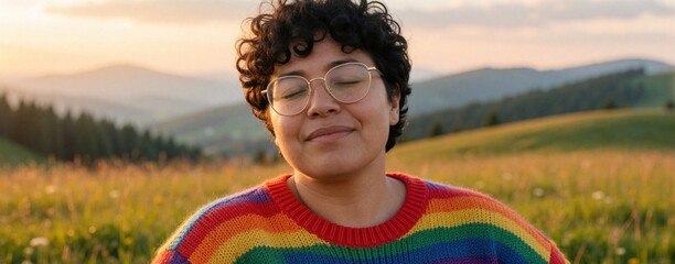 Fototapeta premium Young person with short curly hair wears rainbow sweater, glasses. Relaxed face with closed eyes in sunny mountain field. Diverse individual enjoys peace, freedom, pride in nature during golden hour.