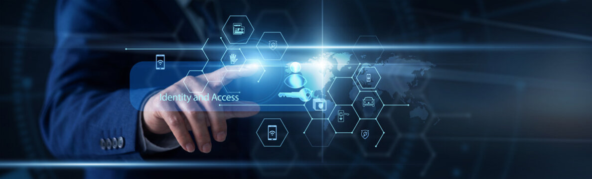 Security architect hand pointing at Identity and Access system on a global digital security interface screen. IAM specialist using tablet to verify user authentication logs.