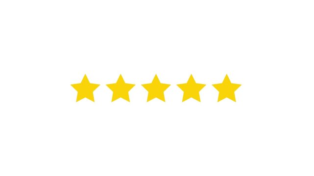 Five golden stars glowing with premium rating symbol animation on white background 4K