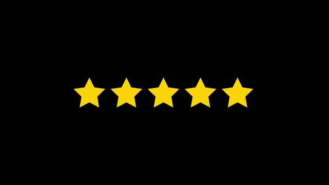 Golden five star rating animation with glowing review icon on black background, customer feedback 4K
