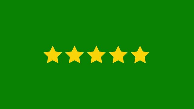 Golden five star rating animation with glowing review icon on green background, customer feedback 4K