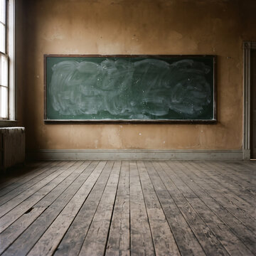 Empty old classroom interior with a dusty green chalkboard on a weathered wall.