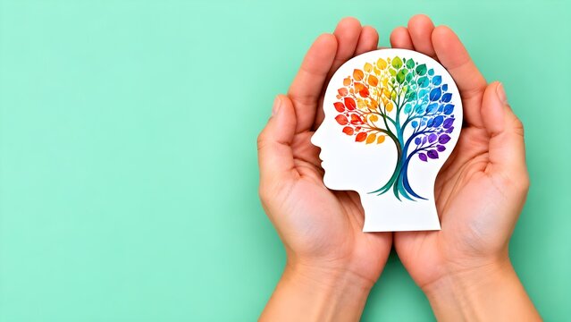 Mental health and personal growth concept with human head silhouette and colorful tree of life held carefully in cupped hands