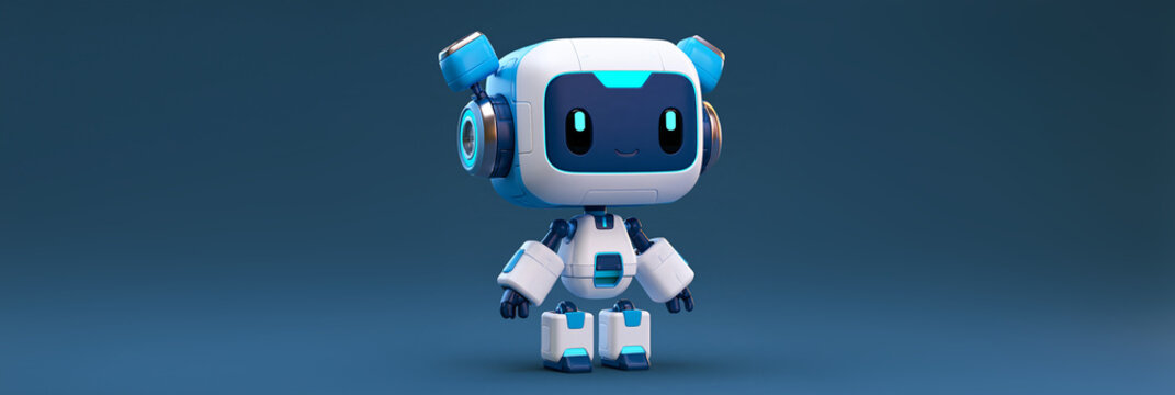 Niedlicher kleiner Roboter in Wei&szlig; und Blau vor blauem Hintergrund