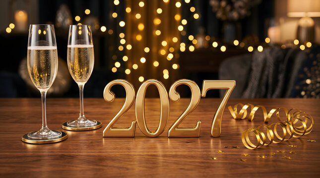 Two champagne glasses with gold 2027 numbers on a wooden table for new year celebration