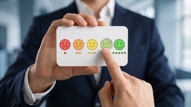 Professional Businessman Holding Customer Satisfaction Rating Card and Selecting Feedback Level