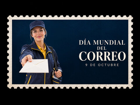 Sello de correos con planeta Tierra para el D&iacute;a Mundial del Correo, 9 de octubre, concepto de comunicaci&oacute;n global, env&iacute;o postal, conexi&oacute;n internacional y servicio de correo internacional y publicidad.