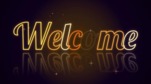 Welcome golden neon script sign flickering with floor reflection seamless loop