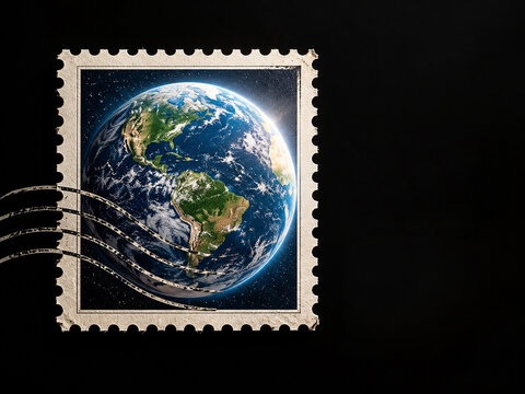 Sello de correos con planeta Tierra para el D&iacute;a Mundial del Correo, concepto de comunicaci&oacute;n global, env&iacute;o postal, conexi&oacute;n internacional y servicio de correo icon espacio para texto