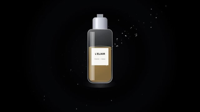 A luxury glass perfume bottle containing golden liquid with a minimalist white label on a starlike background