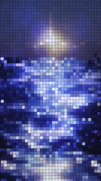 Digital pixel art sea wave landscape with glowing moon surface reflection on water for retro game aesthetic.