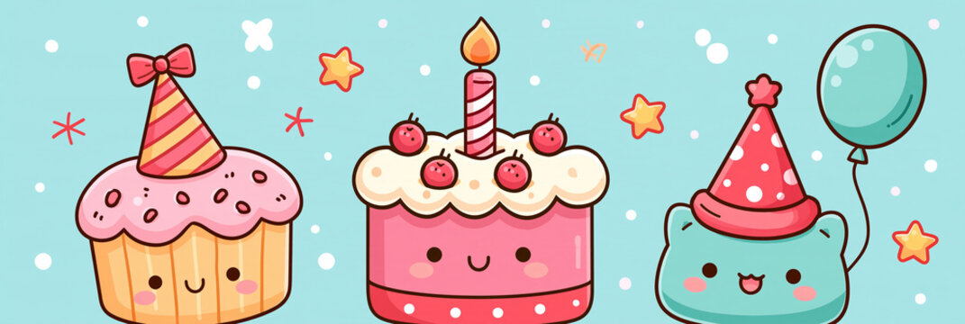 Illustration von Cupcake, Torte und Frosch mit Partyhut in Rosa und T&uuml;rkis