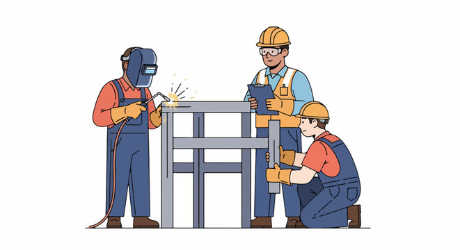 Construction Workers Welding Metal Structure with Supervisor