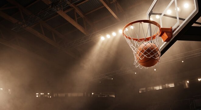 Basketball Swooshing Through Net Under Dramatic Arena Lights