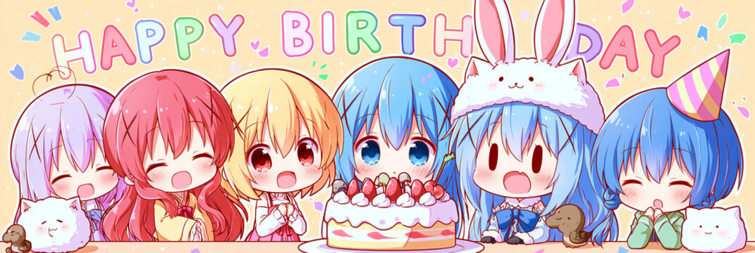 Anime-M&auml;dchen mit Hasenohren und Geburtstagstorte, Happy Birthday Schriftzug