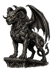 Fototapeta premium Fierce stone gargoyle hound beast with horns and wings standing on a pedestal