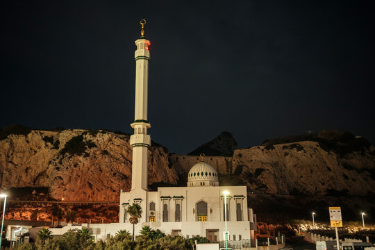 Gibraltar mosque beneath the Rock at night