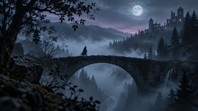 Moonlit Lone Figure on Foggy Stone Bridge
