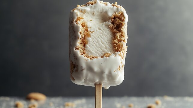 Delicious vanilla ice cream bar with crunchy crumble topping and sweet glaze on wooden stick with single bite taken closeup