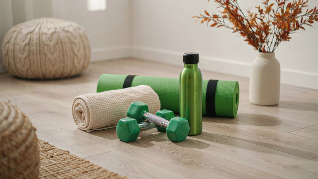 Yoga mat, dumbbells, and water bottle on floor with knitted decor. Home fitness and wellness concept.