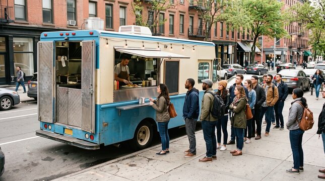 Diverse group of people queueing for food truck on city street