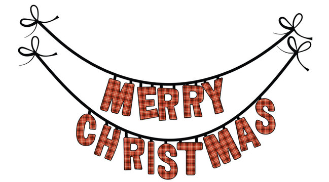 Merry Christmas Hanging Banner Design With Festive Plaid Lettering And Decorative Bow Garlands vector illustration