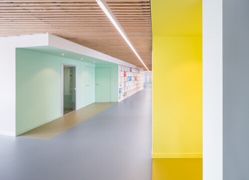 Colorful modern coworking office corridor
