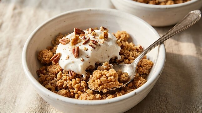 Oatmeal crumble dessert with pecans and creamy topping served in a white bowl with a silver spoon