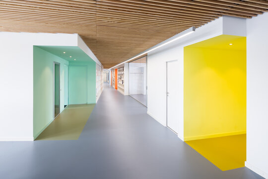 Colorful corridor in contemporary coworking office interior