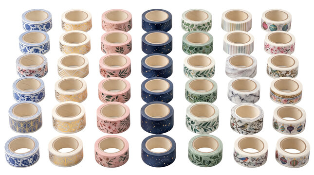 Decorative washi tape collection, 42 rolls of colorful patterned masking tape, craft supplies for scrapbooking and journaling on white background