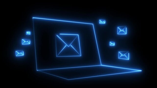 neon laptop message icon animation with black background. message icon concept. Glowing email icon on a laptop screen. Message mail box.4k motion video..