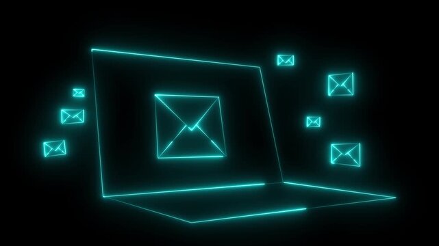 neon laptop message icon animation with black background. message icon concept. Glowing email icon on a laptop screen. Message mail box.4k motion video..