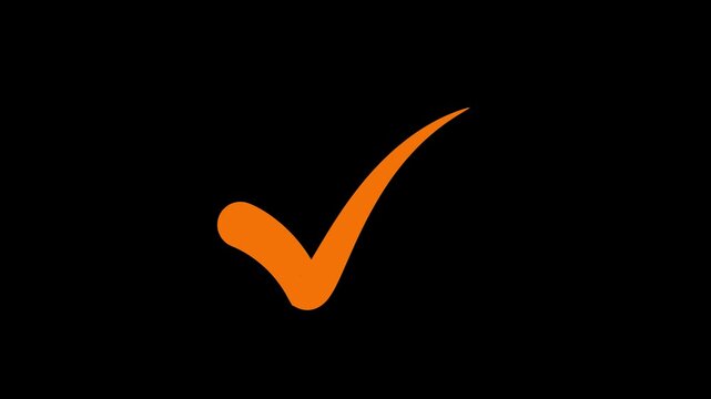 Orange checkmark animation on black background. tick symbol animation, success approval correct sign intro template.4k motion